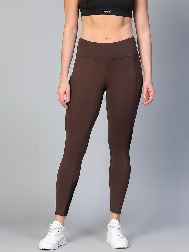 Mesh Panel Pocket Leggings Brown