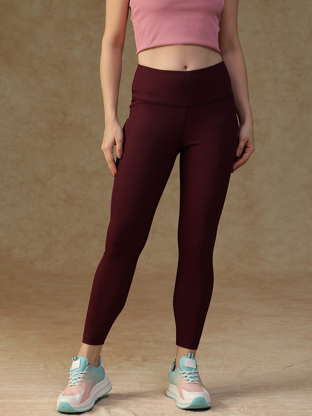Ribbed High Waist Leggings Maroon