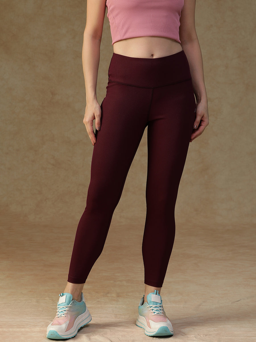 Ribbed High Waist Leggings Maroon