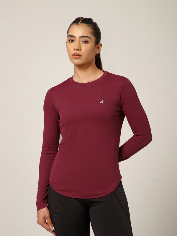 Curved Hem Full Sleeve T-Shirt Maroon
