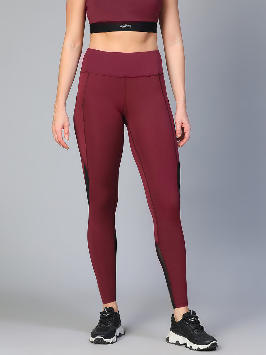Mesh Panel Pocket Leggings Maroon