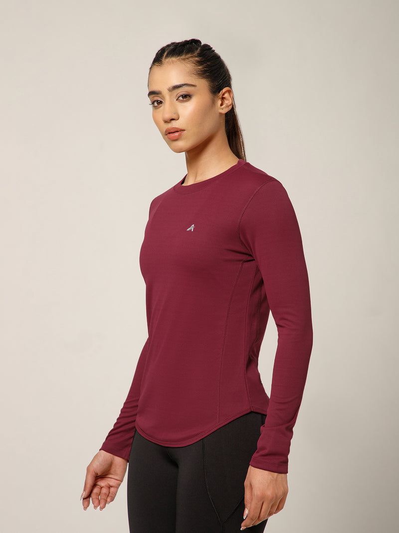 Curved Hem Full Sleeve T-Shirt Maroon