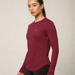 Curved Hem Full Sleeve T-Shirt Maroon