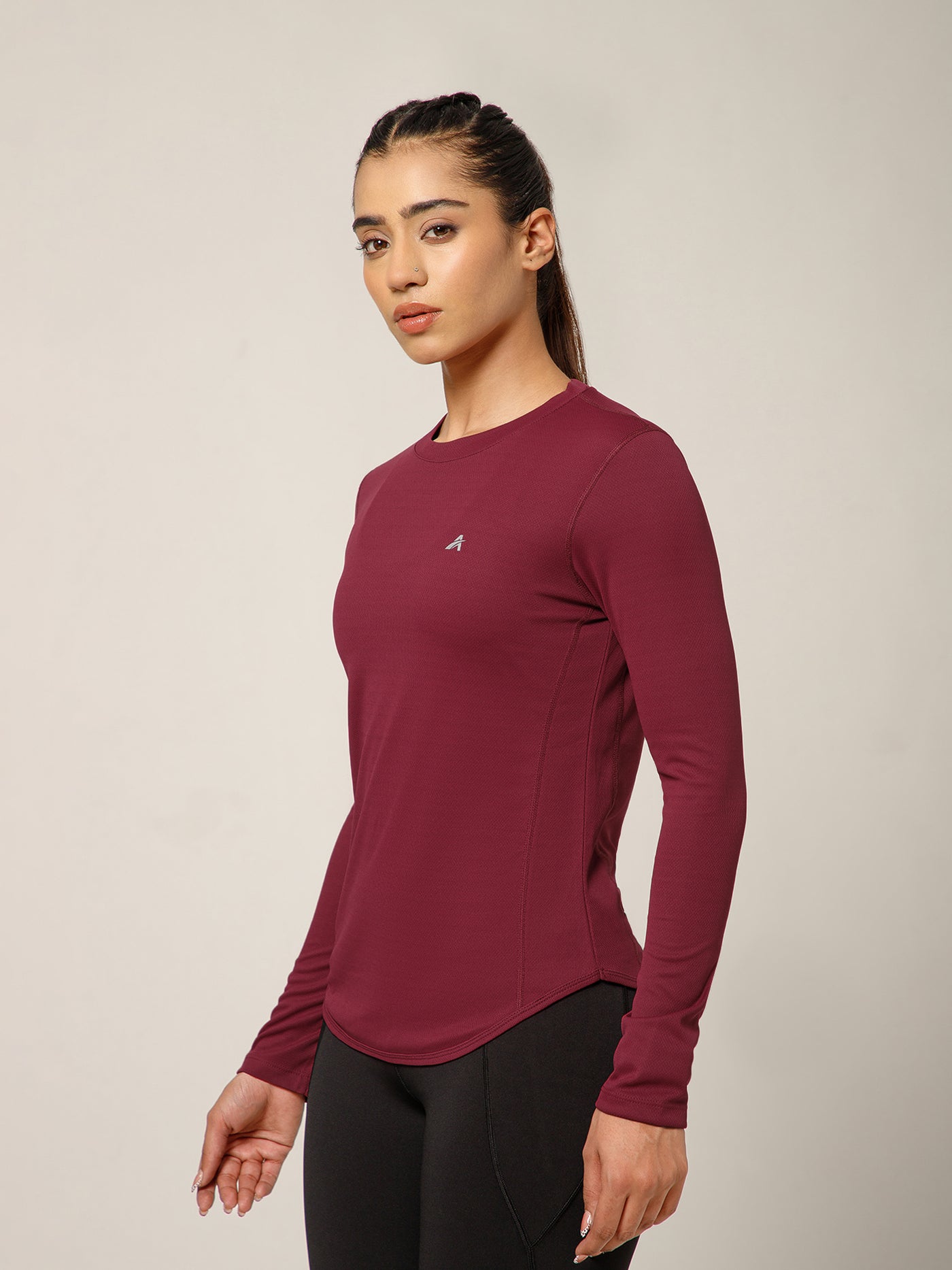 Curved Hem Full Sleeve T-Shirt Maroon