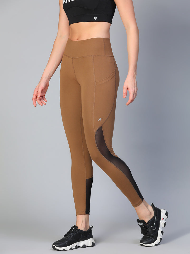 Mesh Panel Pocket Leggings Tan