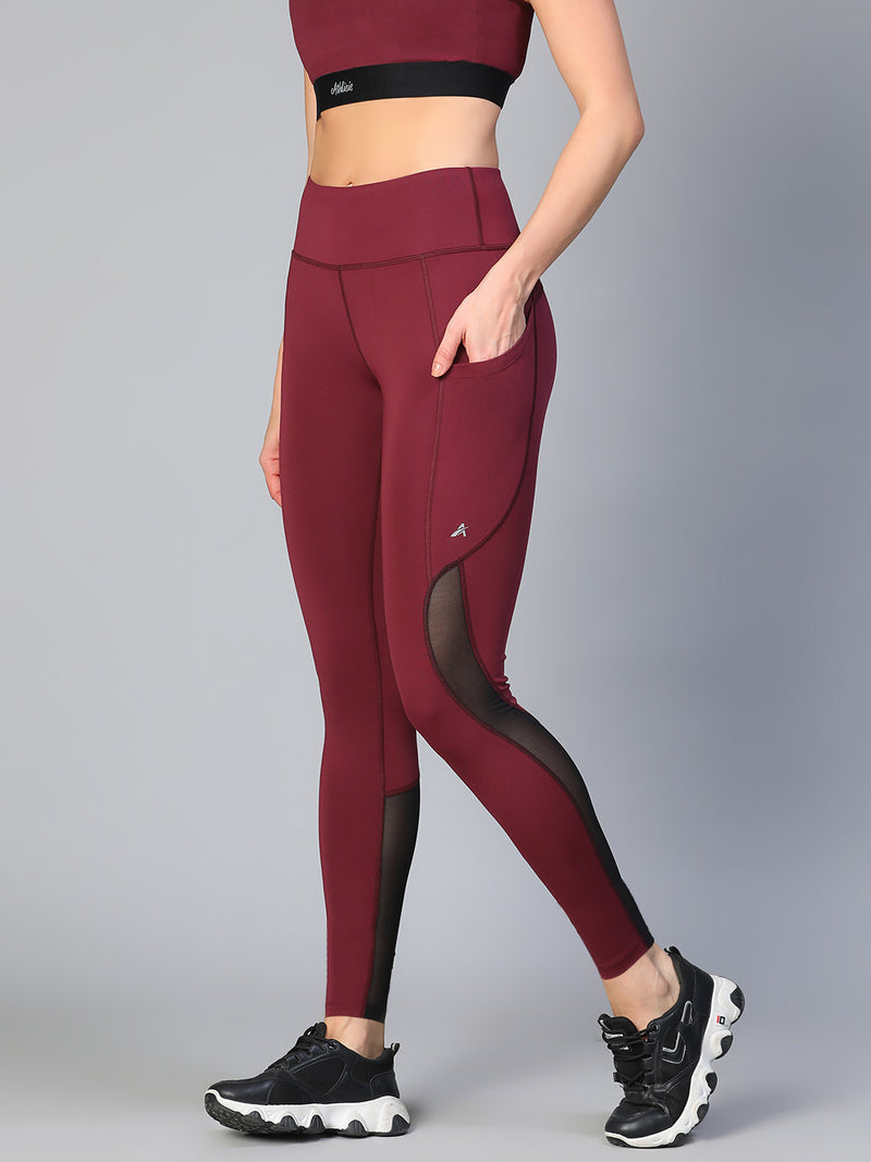 Mesh Panel Pocket Leggings Maroon