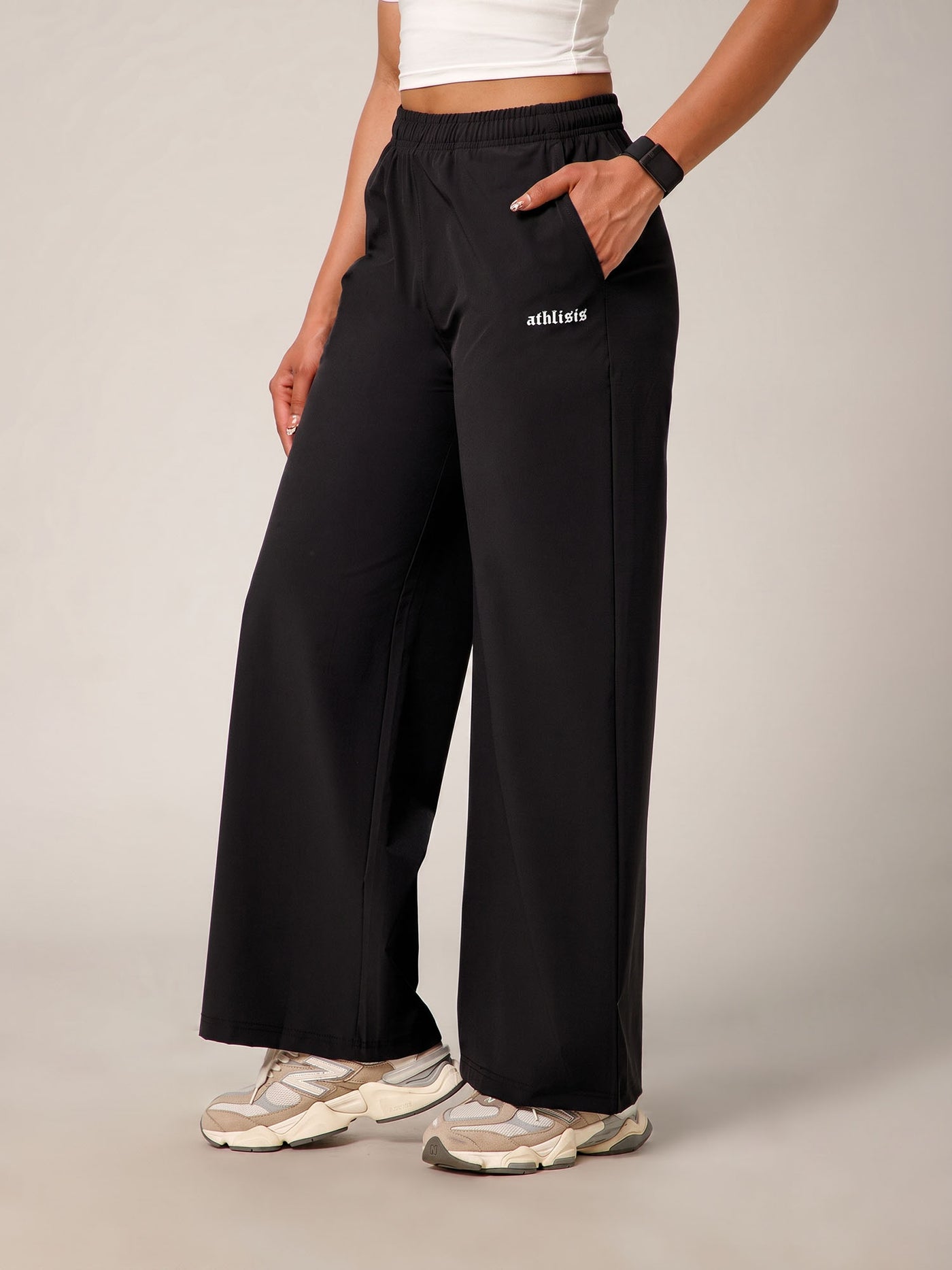 Elastic Waist Crinkle Baggy Pants Black