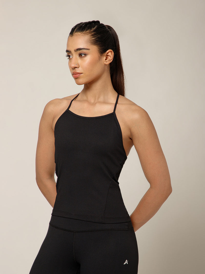 Built In Bra String Back Top Black