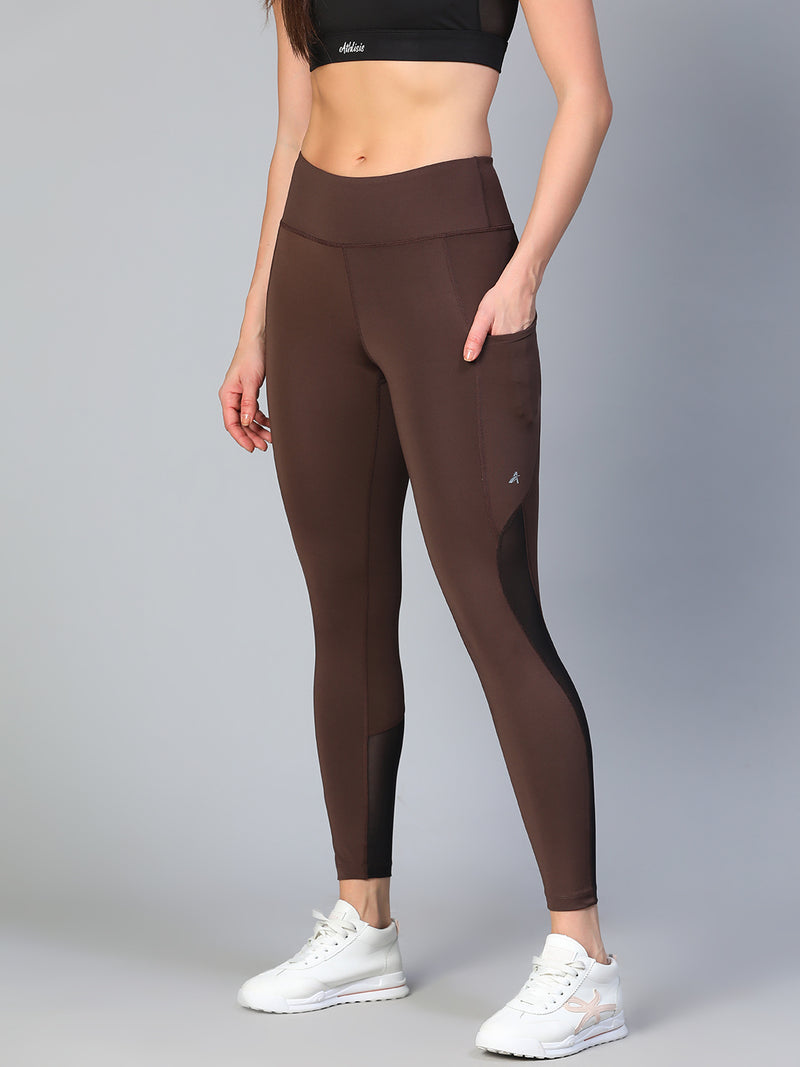 Mesh Panel Pocket Leggings Brown