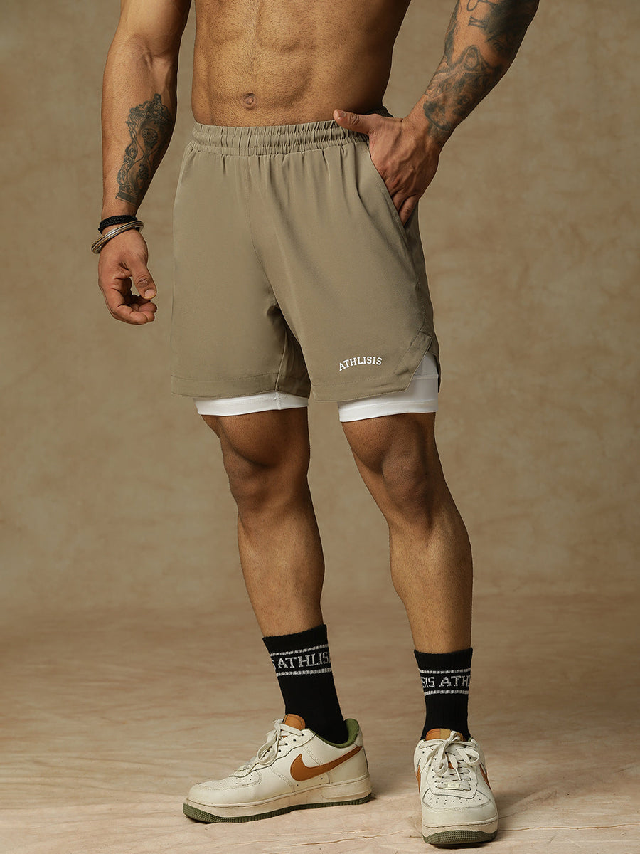 2 in 1 Lining Shorts Tan Athlisis Sports