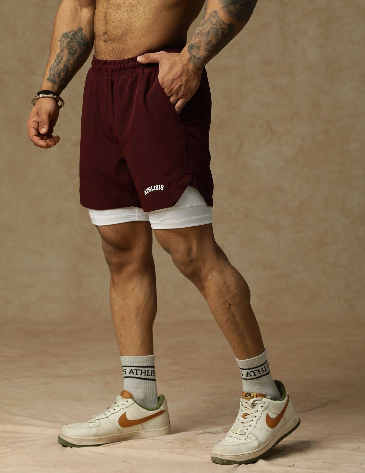 2 in 1 Lining Shorts Maroon Athlisis Sports