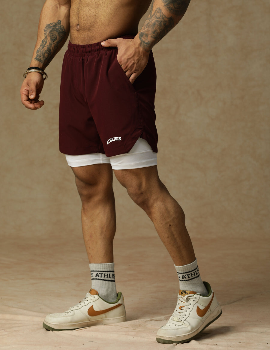 2 in 1 Lining Shorts Maroon Athlisis Sports