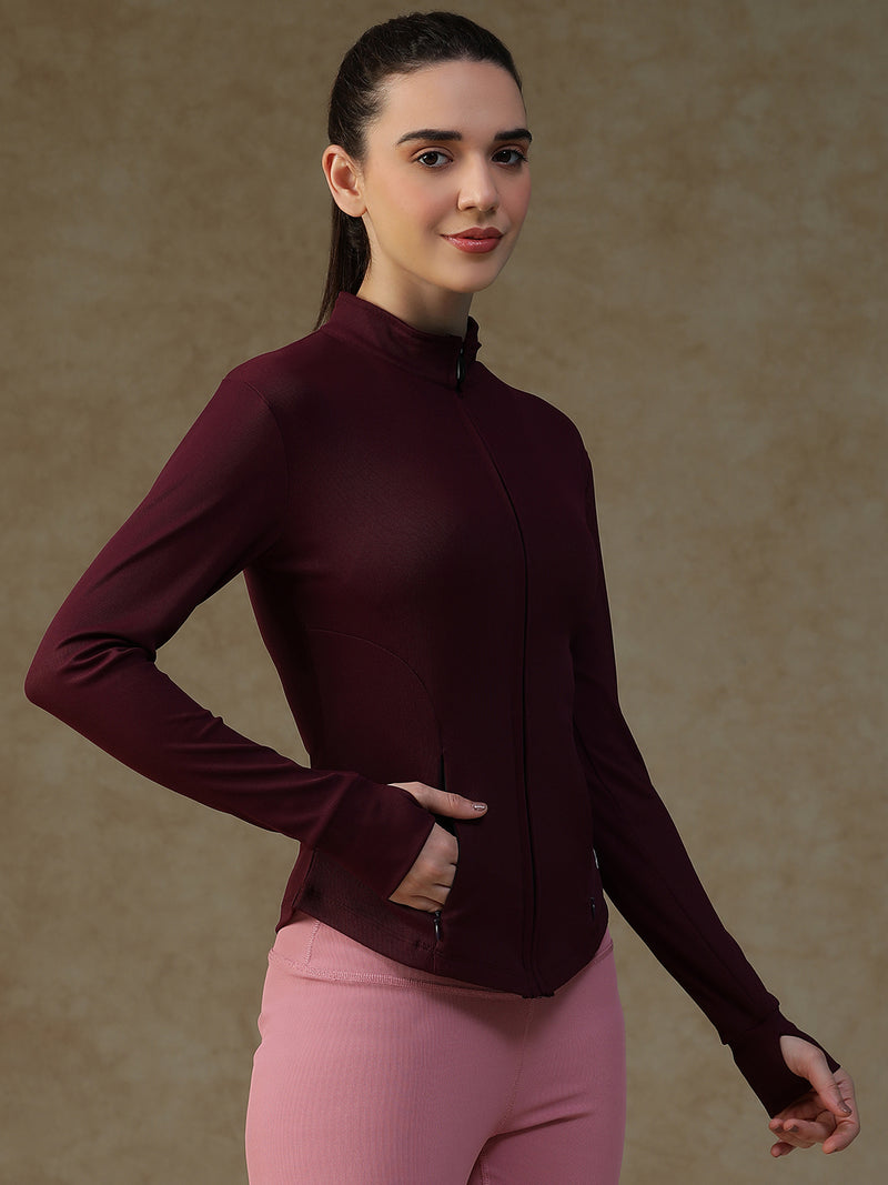 Ribbed Zip up Jacket Wine