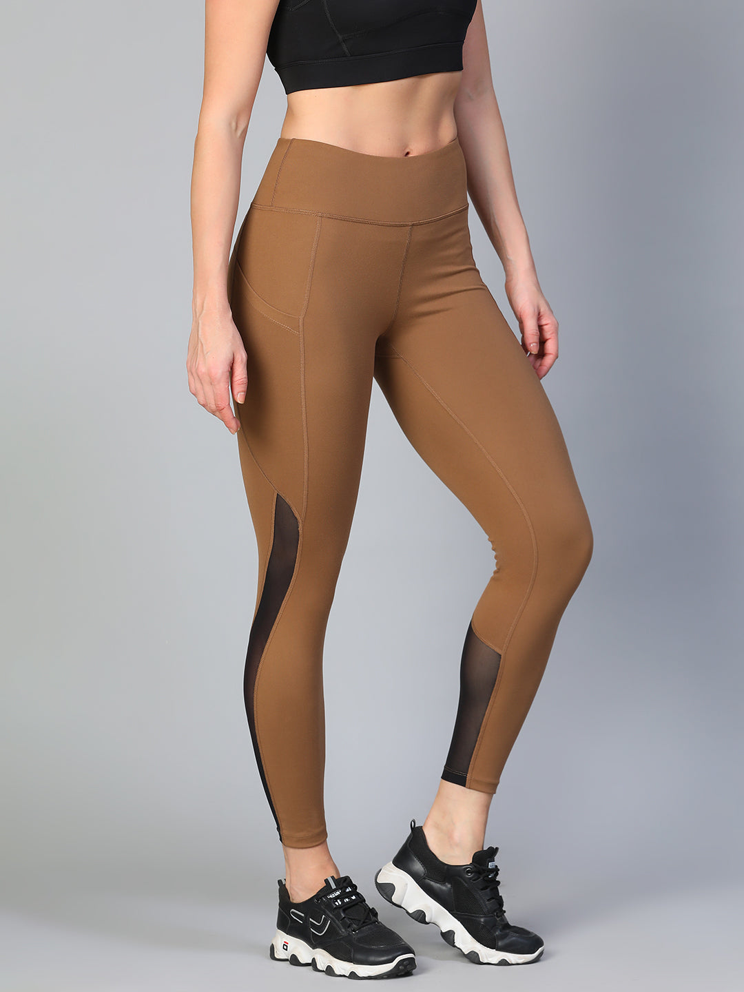 Mesh Panel Pocket Leggings Tan