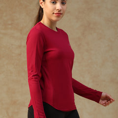 Curved Hem Full Sleeve T-Shirt Maroon