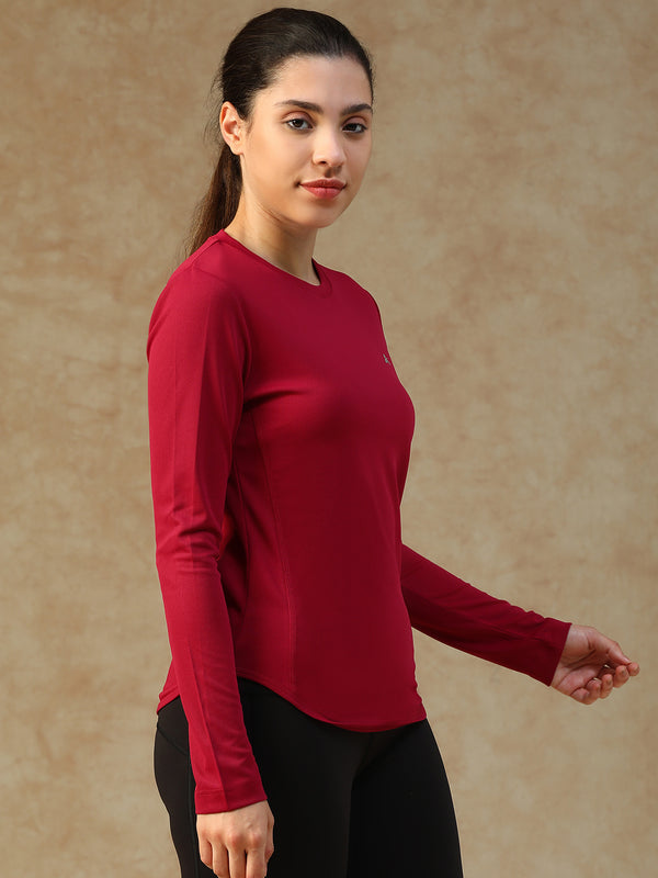 Curved Hem Full Sleeve T-Shirt Maroon