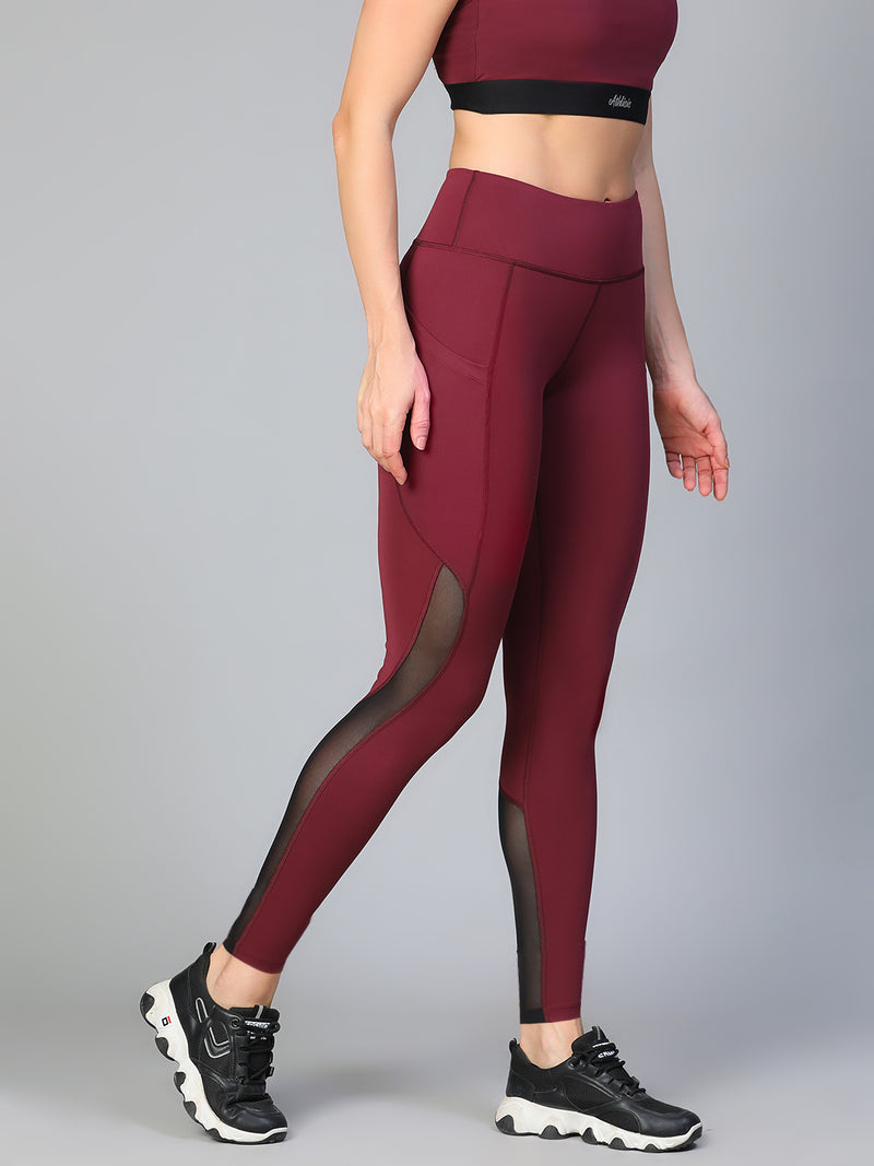 Mesh Panel Pocket Leggings Maroon