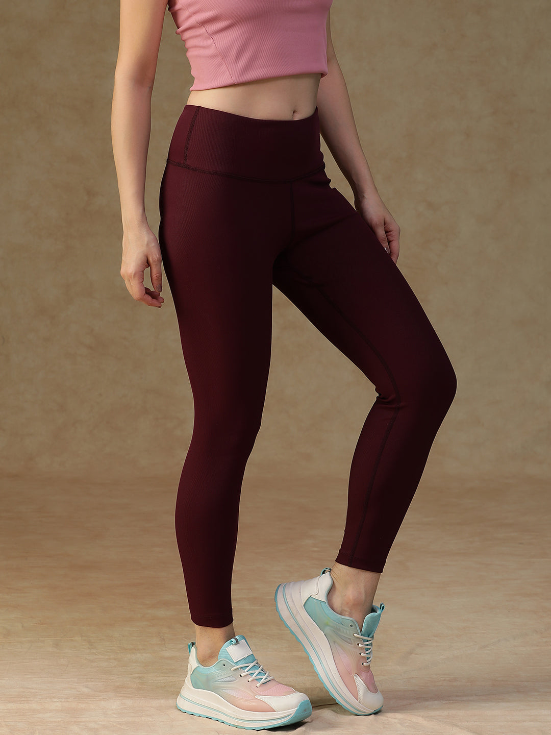 Ribbed High Waist Leggings Maroon