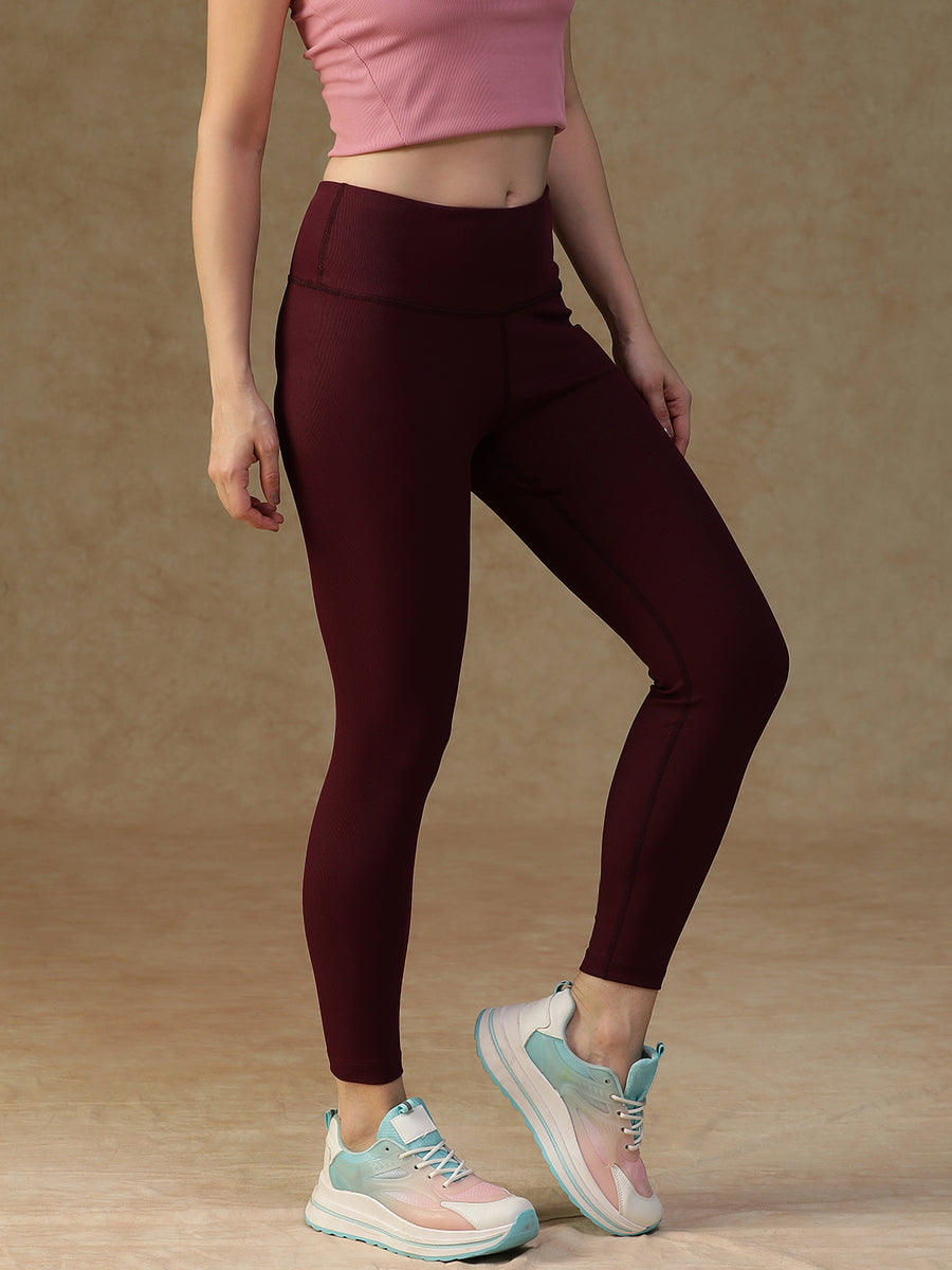 Ribbed High Waist Leggings Maroon