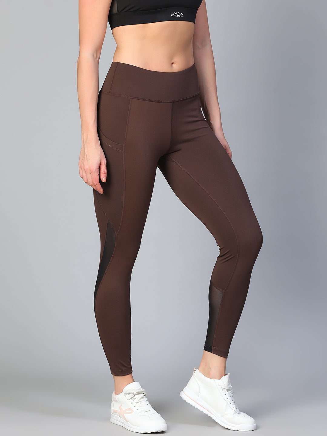Mesh Panel Pocket Leggings Brown