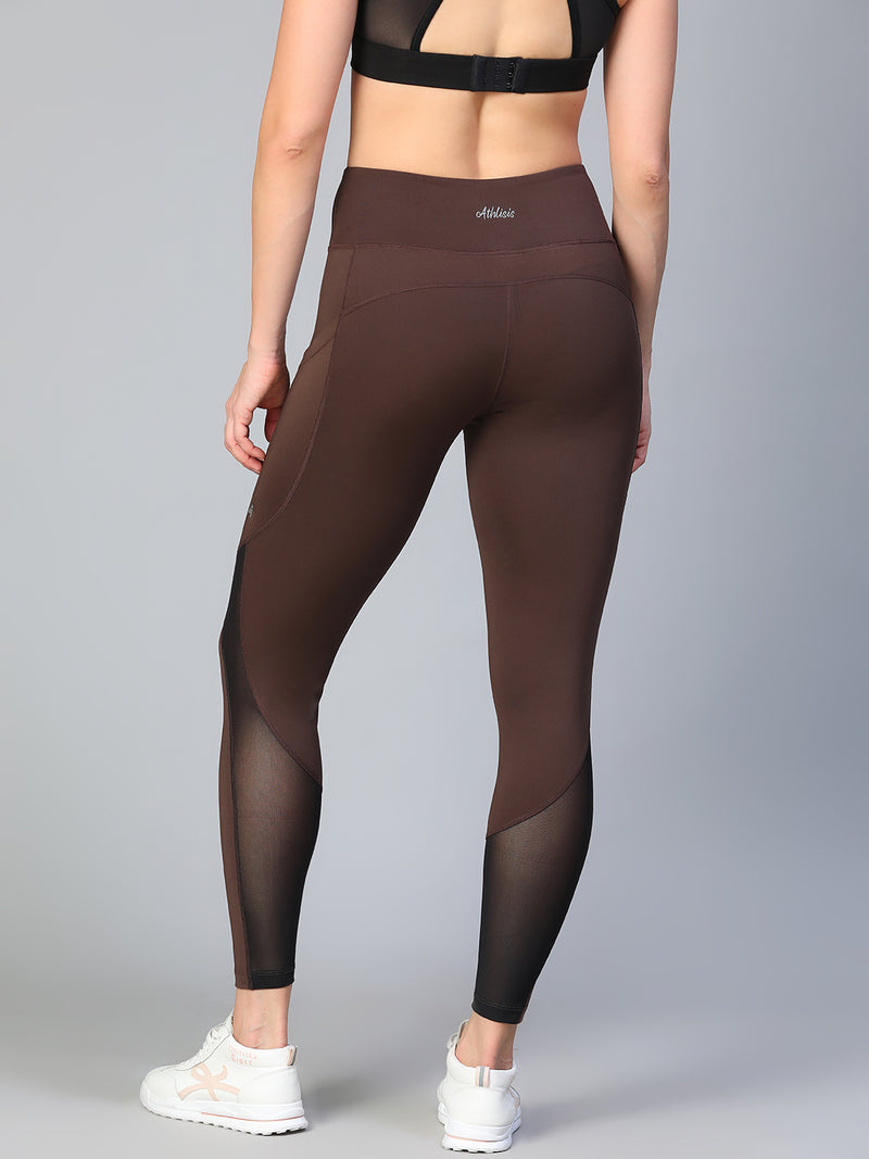 Mesh Panel Pocket Leggings Brown
