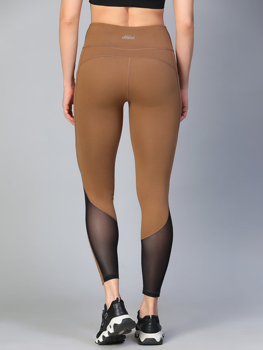 Mesh Panel Pocket Leggings Tan