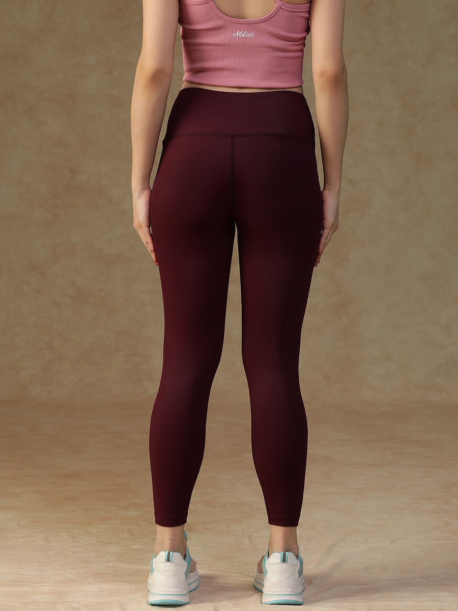 Ribbed High Waist Leggings Maroon
