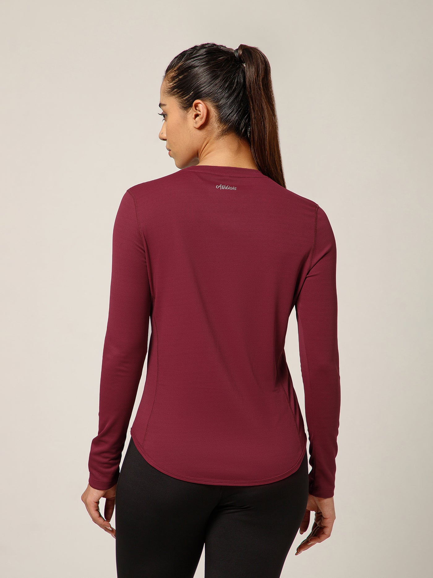 Curved Hem Full Sleeve T-Shirt Maroon
