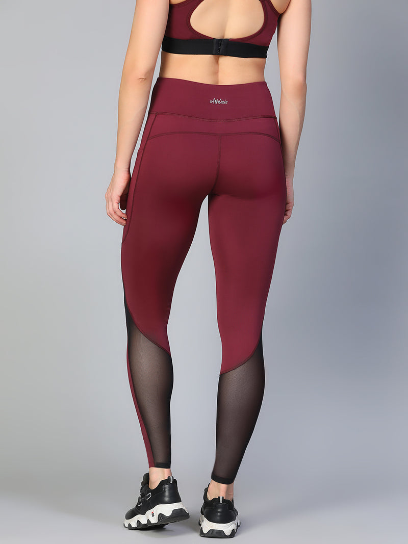 Mesh Panel Pocket Leggings Maroon