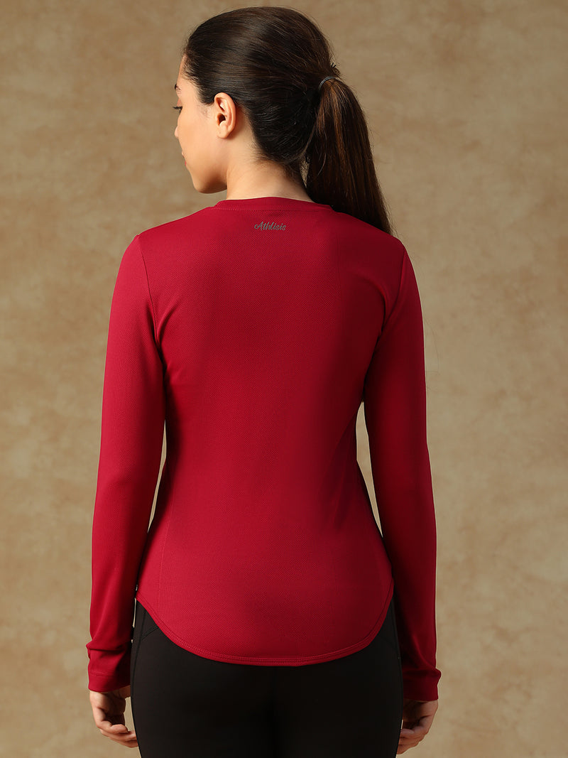 Curved Hem Full Sleeve T-Shirt Maroon