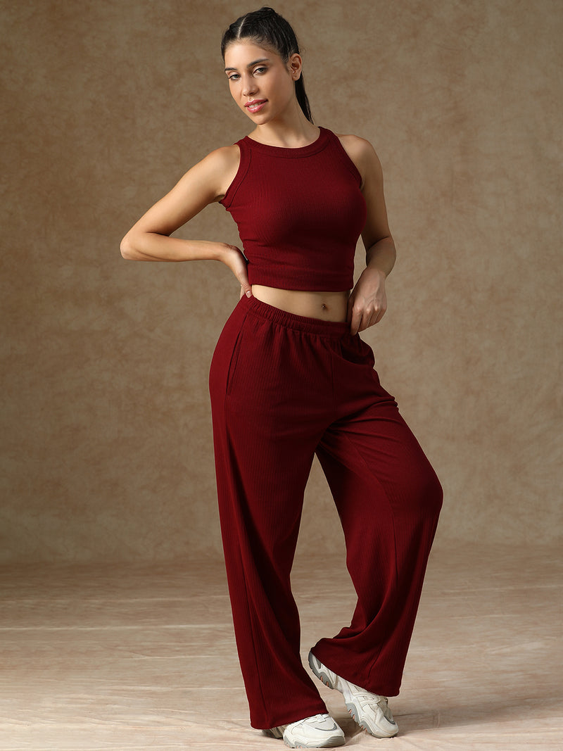 Ribbed Baggy Pants Beige Maroon