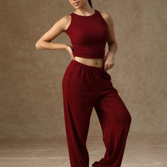 Ribbed Baggy Pants Beige Maroon