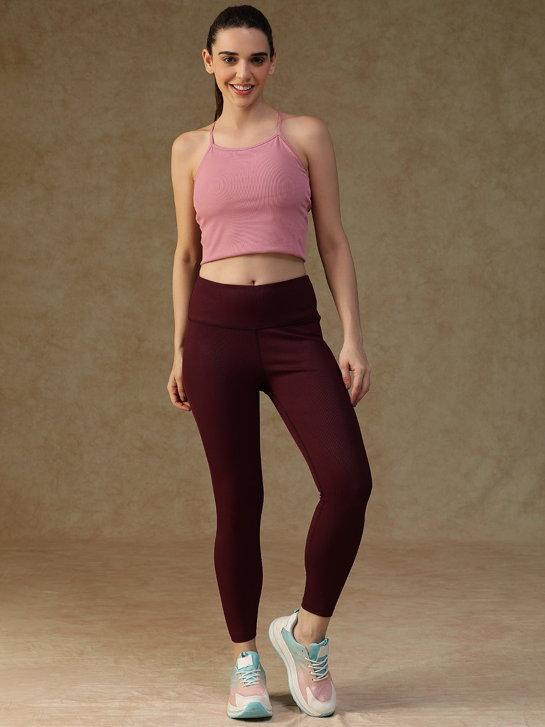 Ribbed High Waist Leggings Maroon