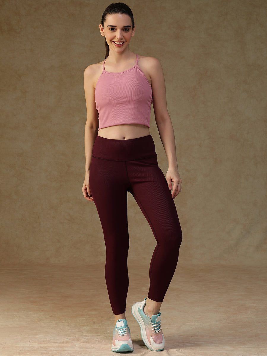 Ribbed High Waist Leggings Maroon