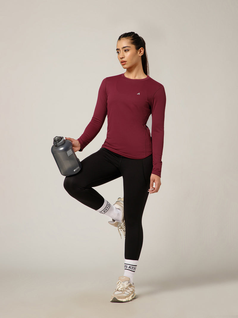 Curved Hem Full Sleeve T-Shirt Maroon