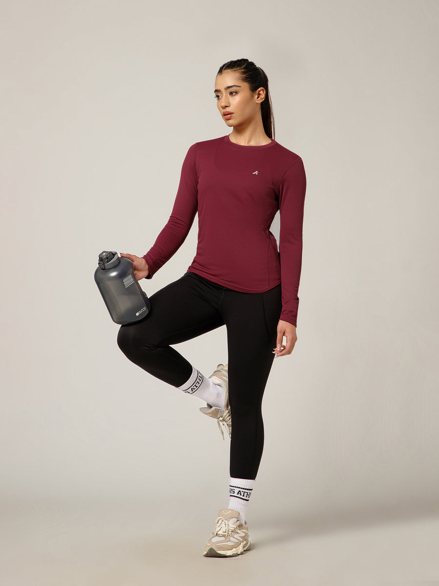 Curved Hem Full Sleeve T-Shirt Maroon