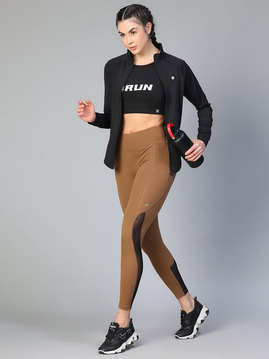 Mesh Panel Pocket Leggings Tan