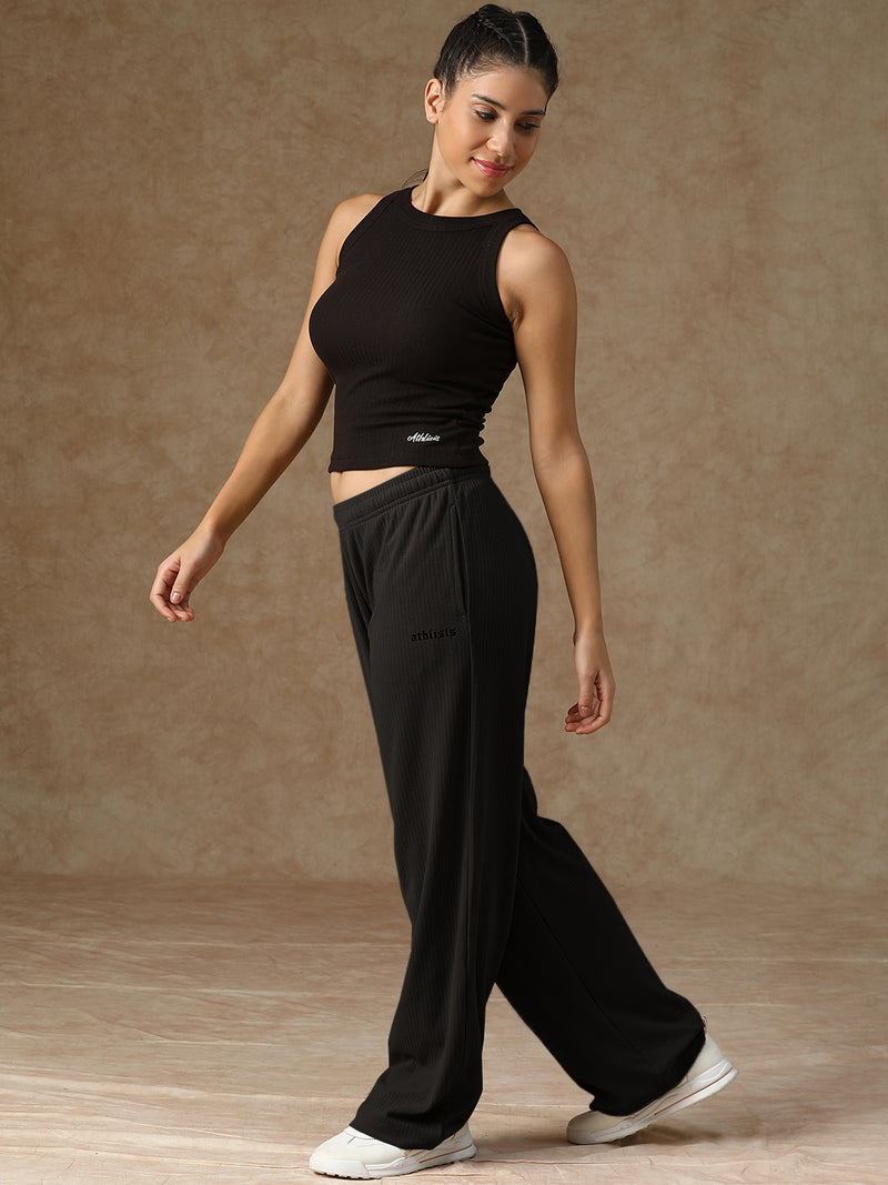 Ribbed Baggy Pants Beige Black