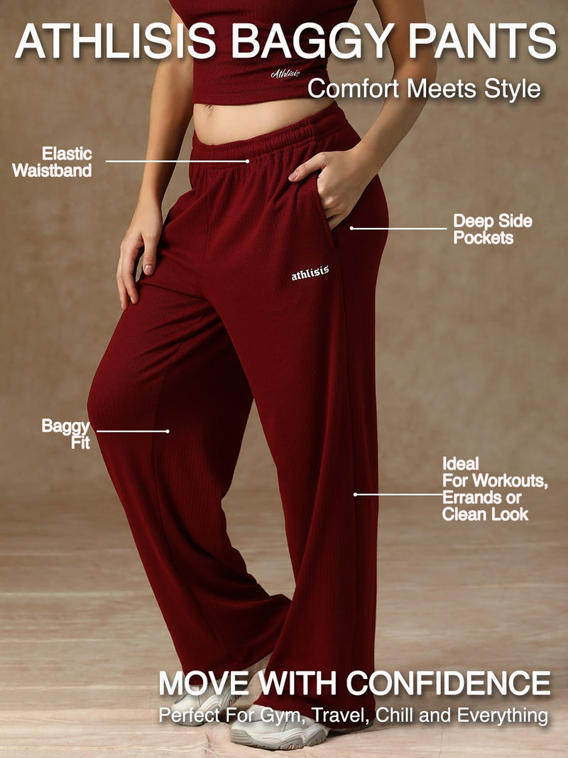 Ribbed Baggy Pants Beige Maroon