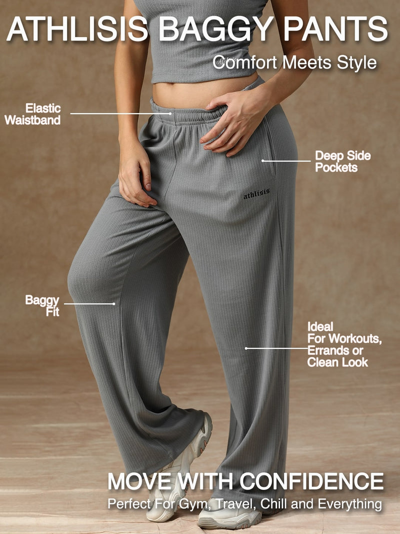 Ribbed Baggy Pants Beige Grey