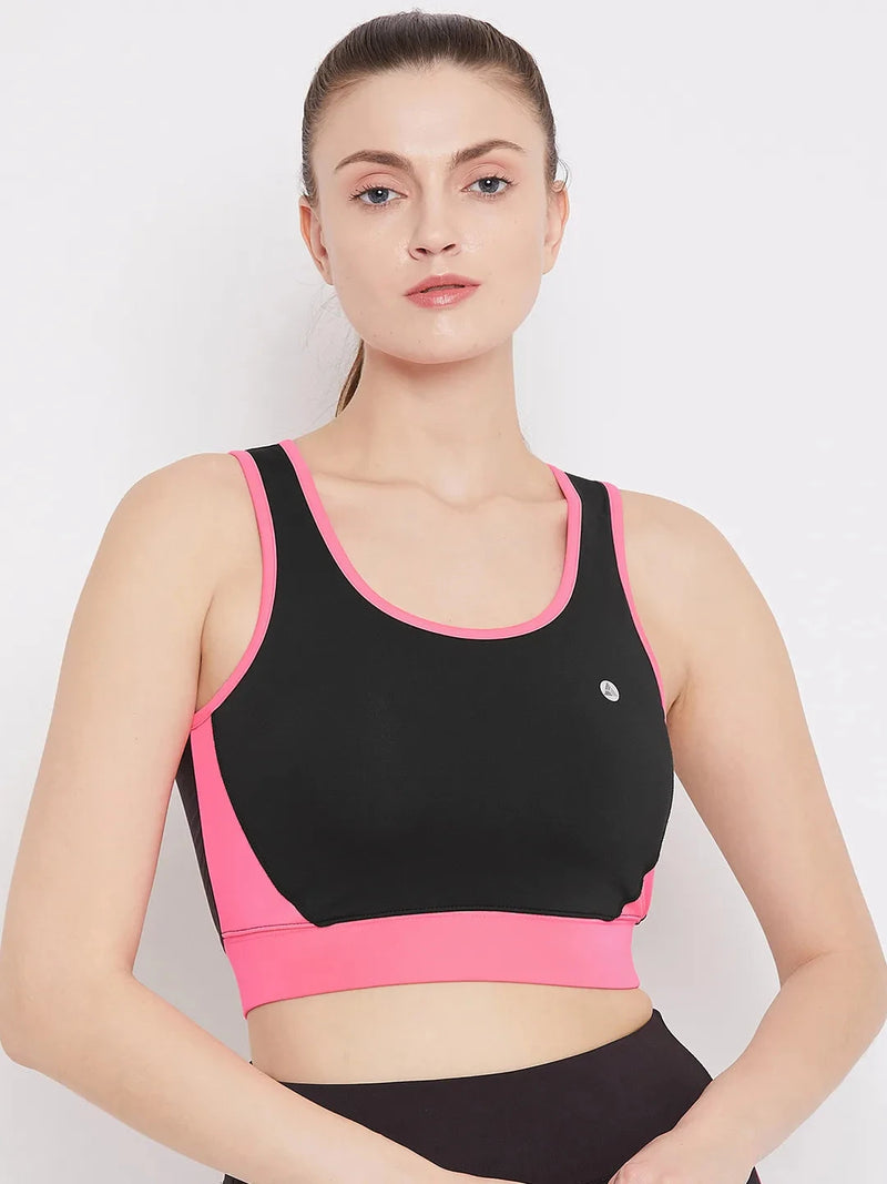 Black & Pink Colourblocked Non-Wired Lightly Padded Sports Bra Athlisis Sports