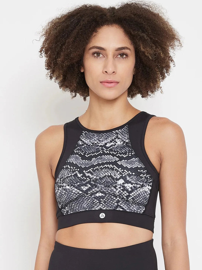 Black & White Reptilian Print Non-Wired Lightly Padded Sports Bra Athlisis Sports