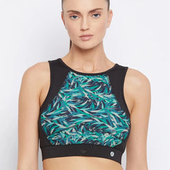 Women Black & Blue Printed Non-Wired Lightly Padded Workout Bra Athlisis Sports