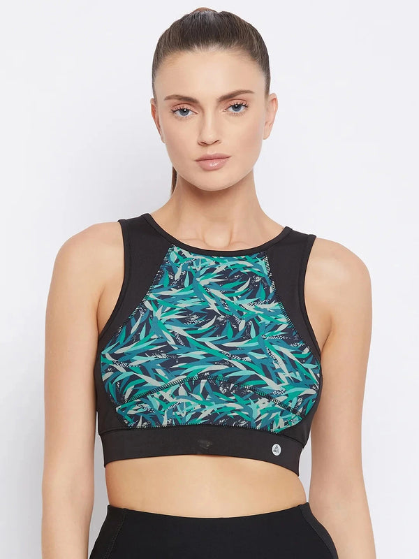 Women Black & Blue Printed Non-Wired Lightly Padded Workout Bra Athlisis Sports