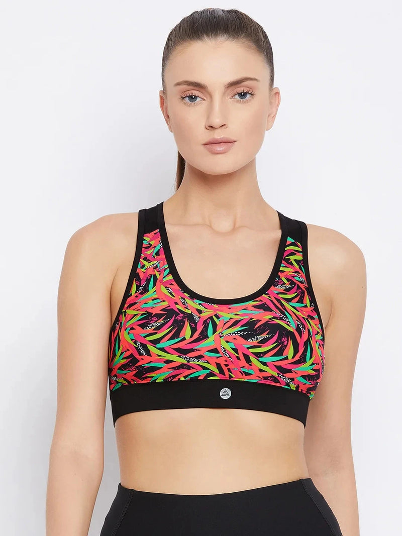 Black & Pink Abstract Printed Lightly Padded Workout Bra Athlisis Sports