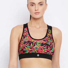 Black & Pink Abstract Printed Lightly Padded Workout Bra Athlisis Sports