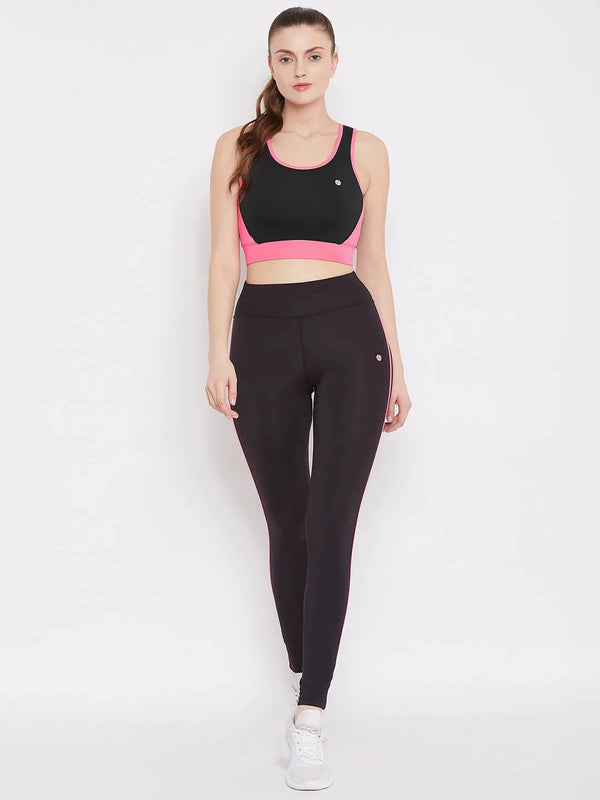 Black & Pink Colourblocked Non-Wired Lightly Padded Sports Bra Athlisis Sports