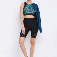 Women Black & Blue Printed Non-Wired Lightly Padded Workout Bra Athlisis Sports