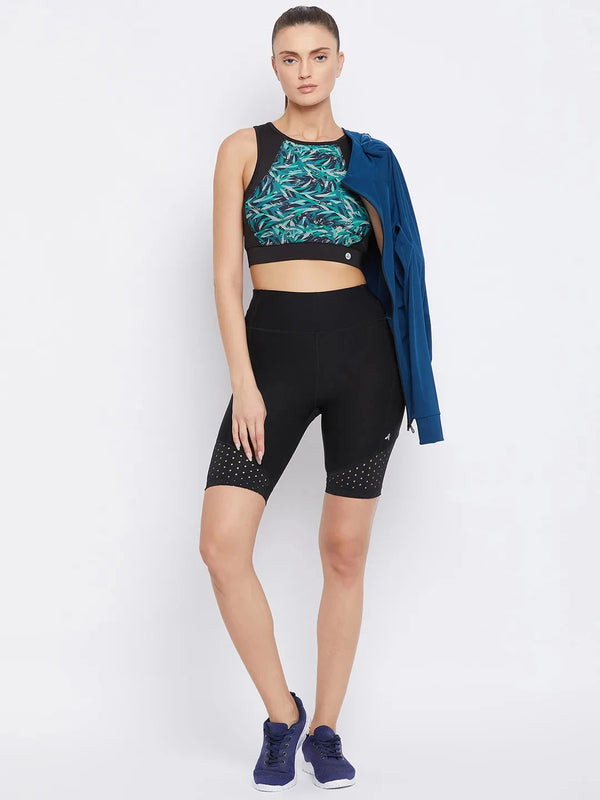 Women Black & Blue Printed Non-Wired Lightly Padded Workout Bra Athlisis Sports