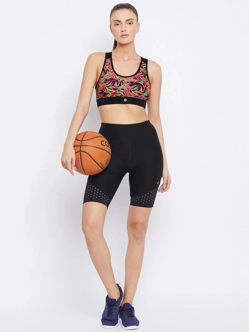 Black & Pink Abstract Printed Lightly Padded Workout Bra Athlisis Sports